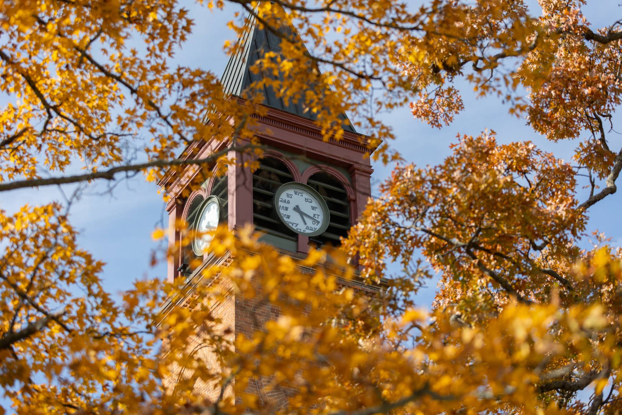 Seminary Hall clocktower framed by trees