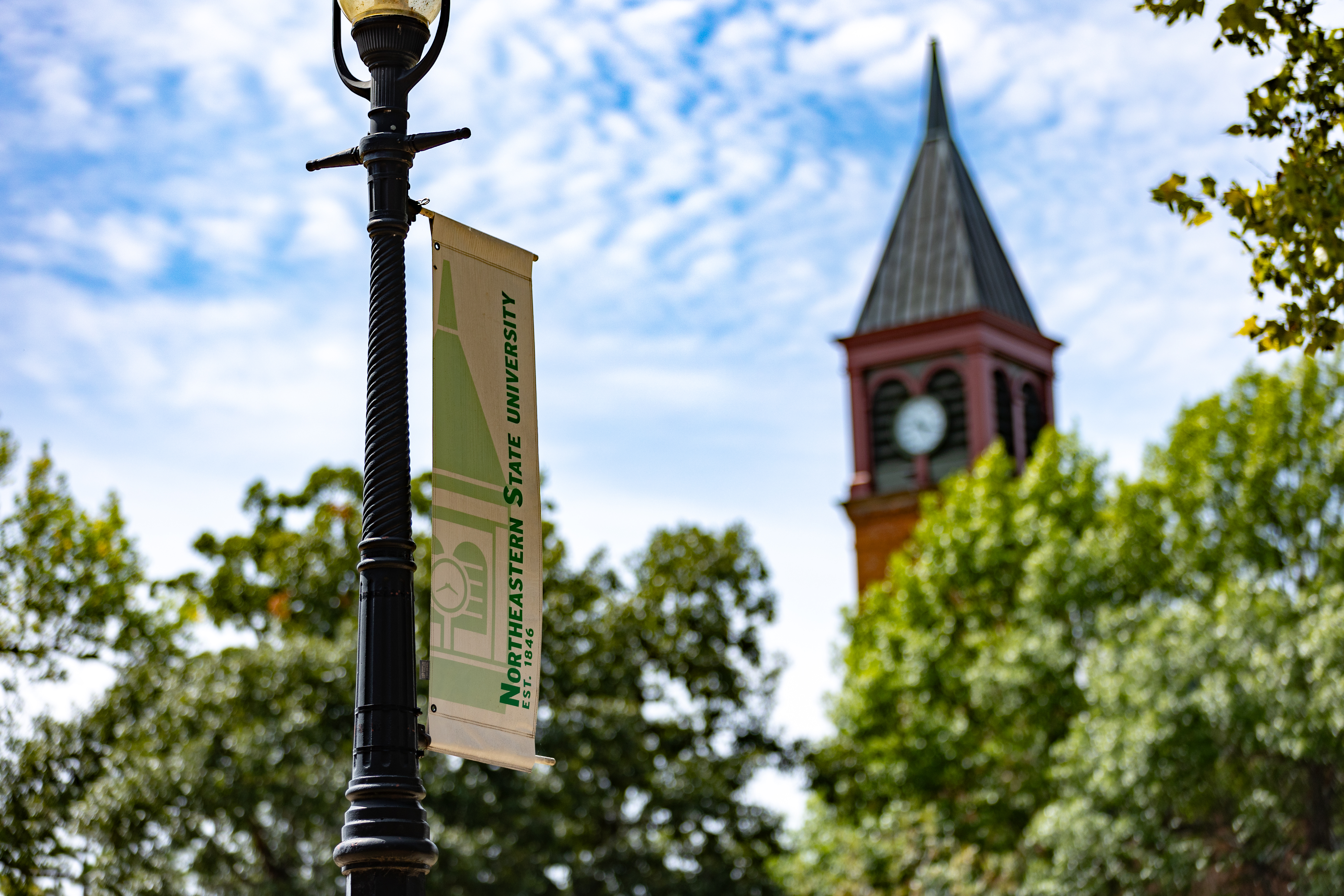 NSU Banner and the Seminary Hall Clocktower
