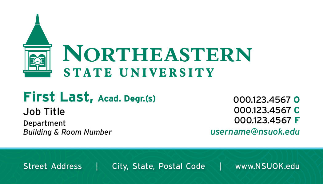 Example Northeastern State University traditional business card showing logo, name, job title, department, contact information, and website.