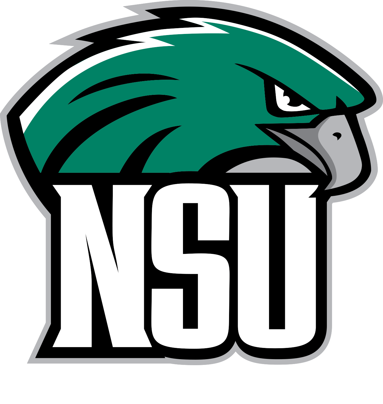 Athletics Logos - Monogram - NSU RiverHawk Head Behind Text Five Color - White Text