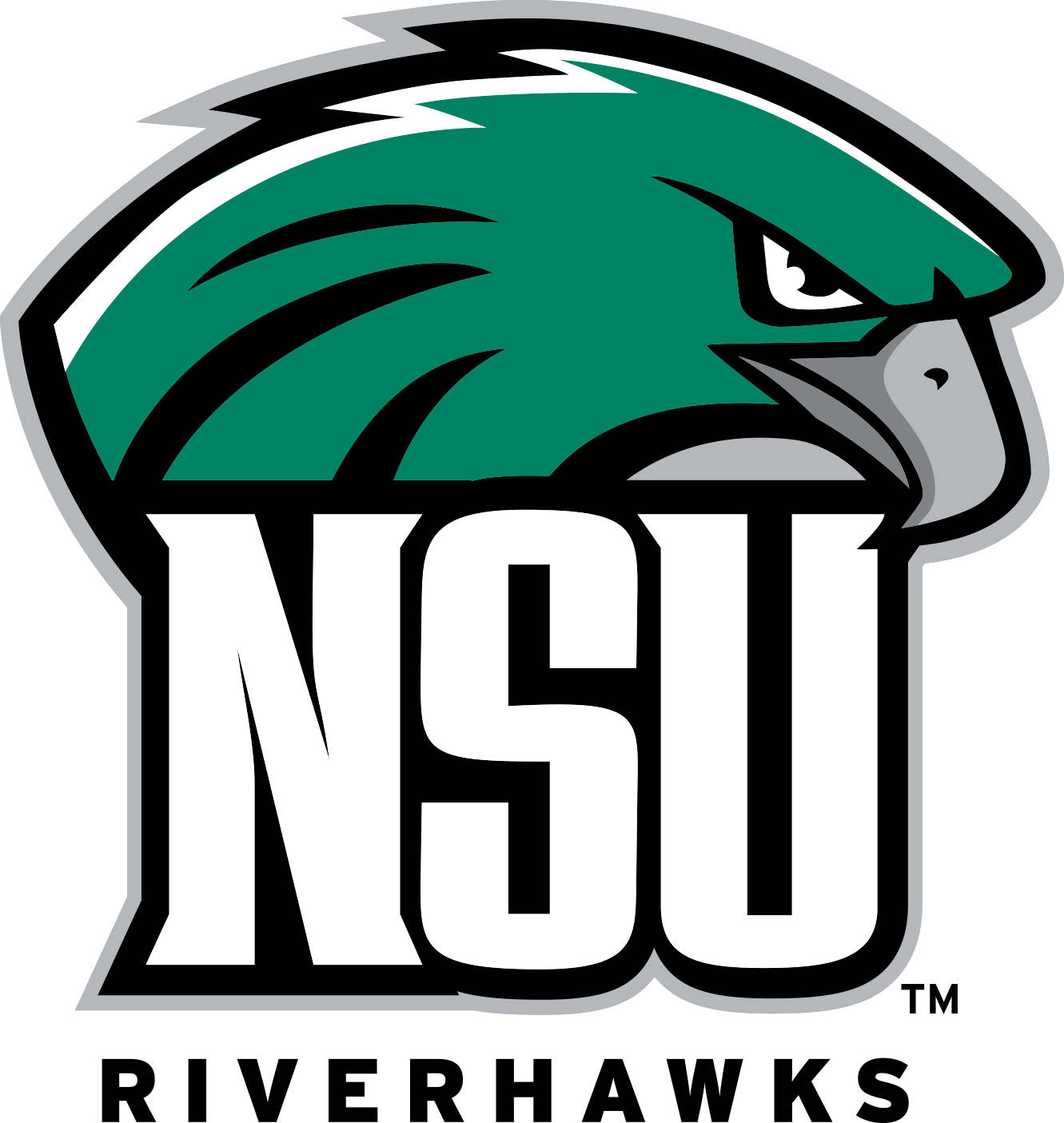 Athletics Logos - Monogram - NSU RiverHawk Head Behind Text Five Color