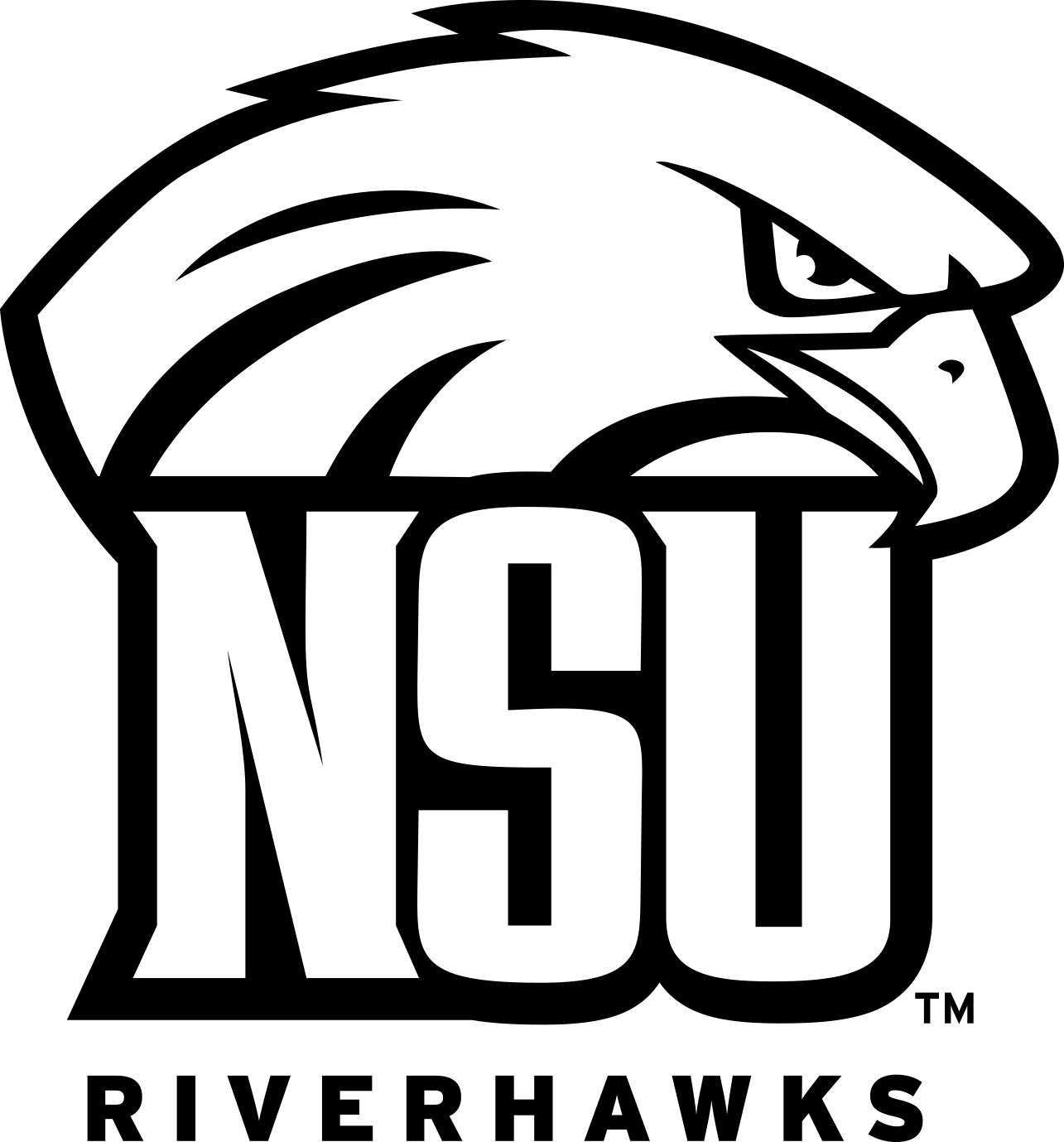 Athletics Logos - Monogram - NSU RiverHawk Head Behind Text One Color Green.