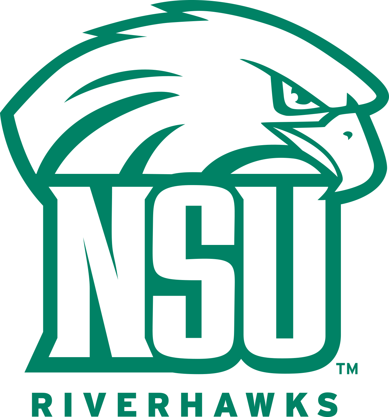 Athletics Logos - Monogram - NSU RiverHawk Head Behind Text One Color Green