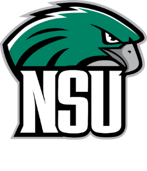 Athletics Logos - Unit Set Ups - Monogram - NSU RiverHawk Head Behind Text Five Color - White RiverHawks Text