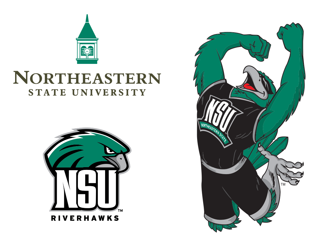 varying nsu logos (clocktower, riverhawk head, and rowdy riverhawk jumping)