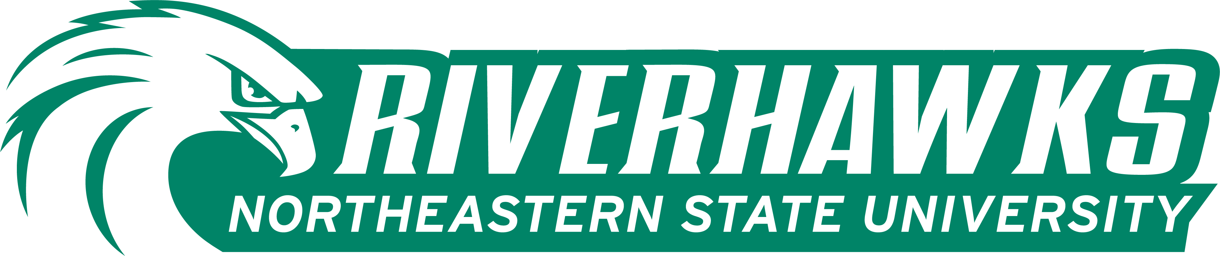 Northeastern State University Athletics Logos - Word Mark - RiverHawk Head Horizontal Text - Green